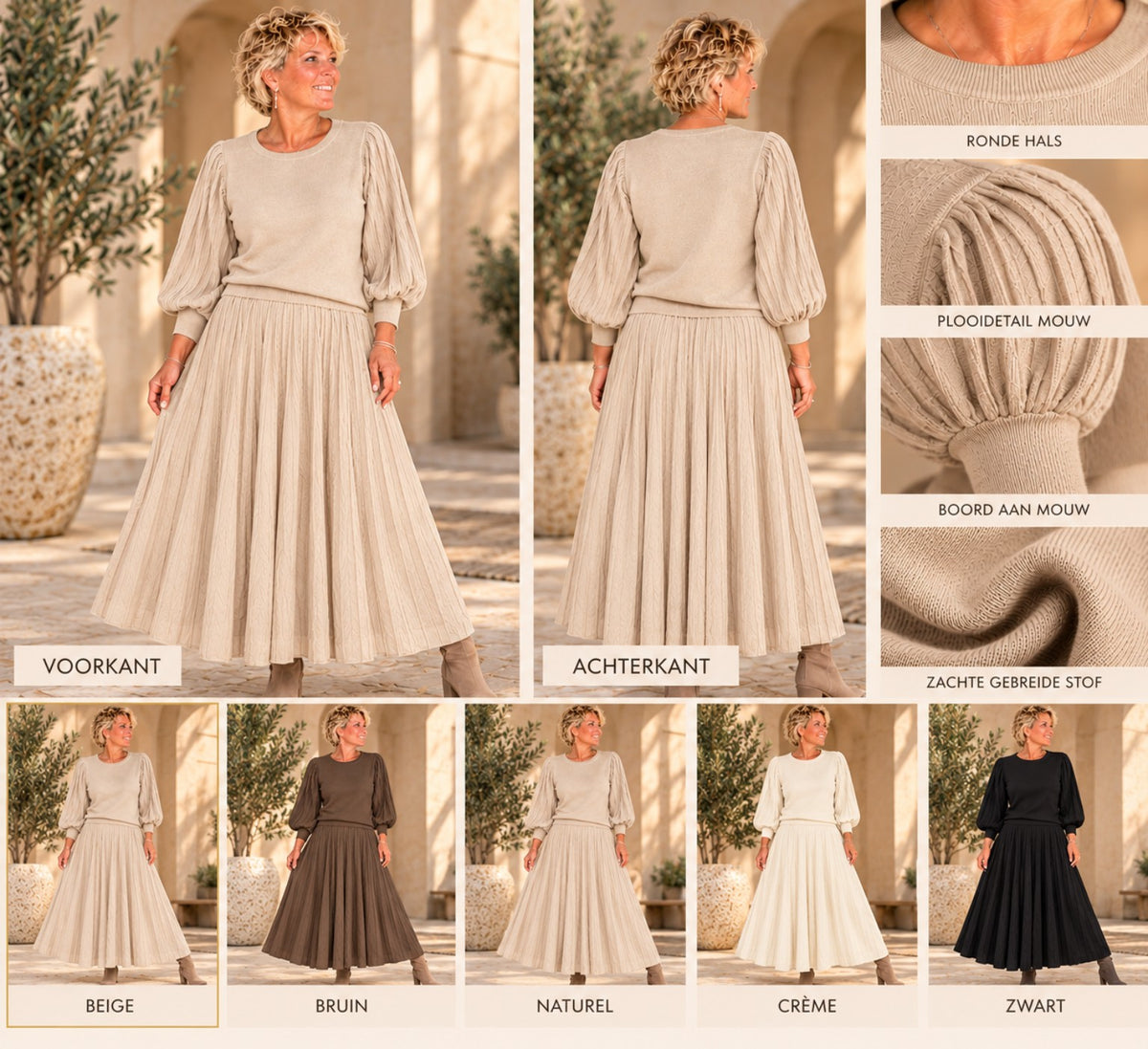 Elegante plissérok in beige, naturel, taupe, bruin en crème