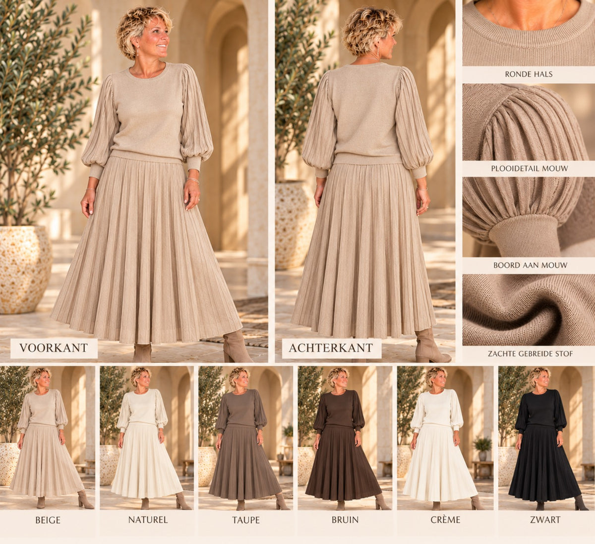 Elegante lange plissérok in verschillende kleuren, voor- en achterkant