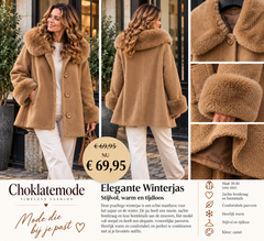 Camel winterjas op model voor achterkant en details