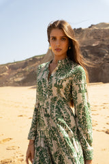 Jurk katoen/zijde groen en bruin