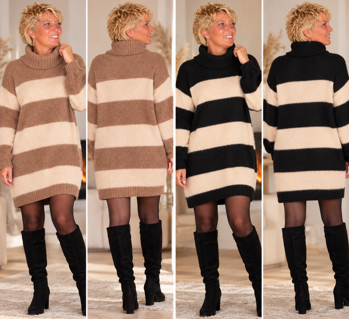 Fluffy coltrui bruin en zwart, voor- en achterkant op model