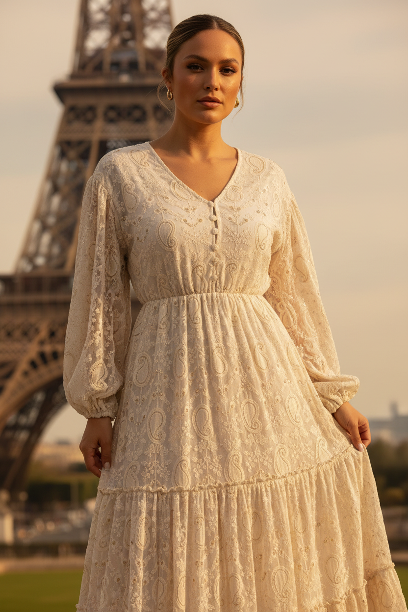 Close-up beige maxi jurk Parijs