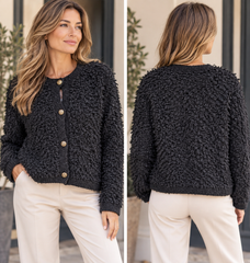 Zwarte Dames Bouclé Vest met Gouden Knopen