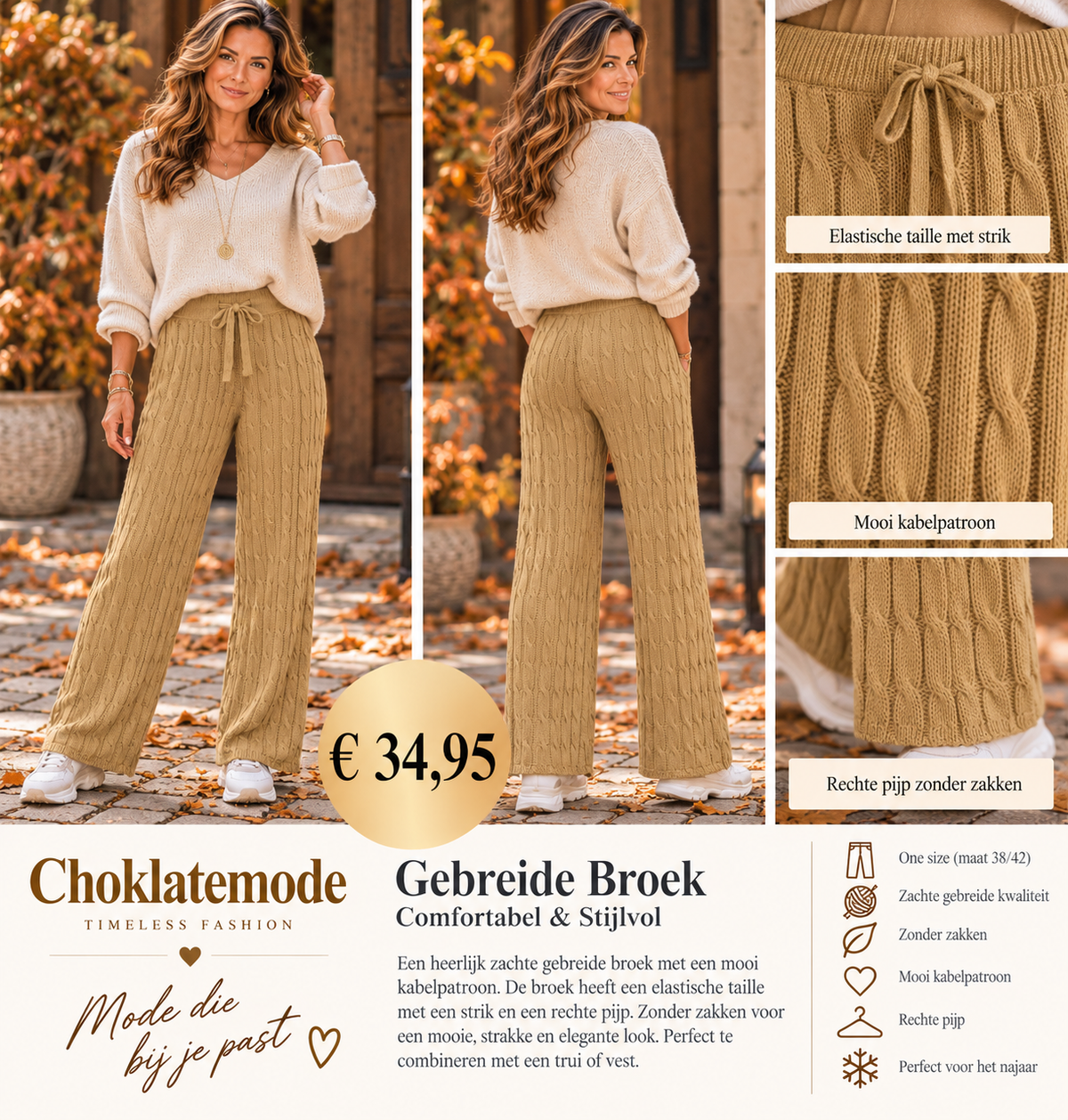 Gebreide broek zonder zakken camel, maat 38-42, modelfoto