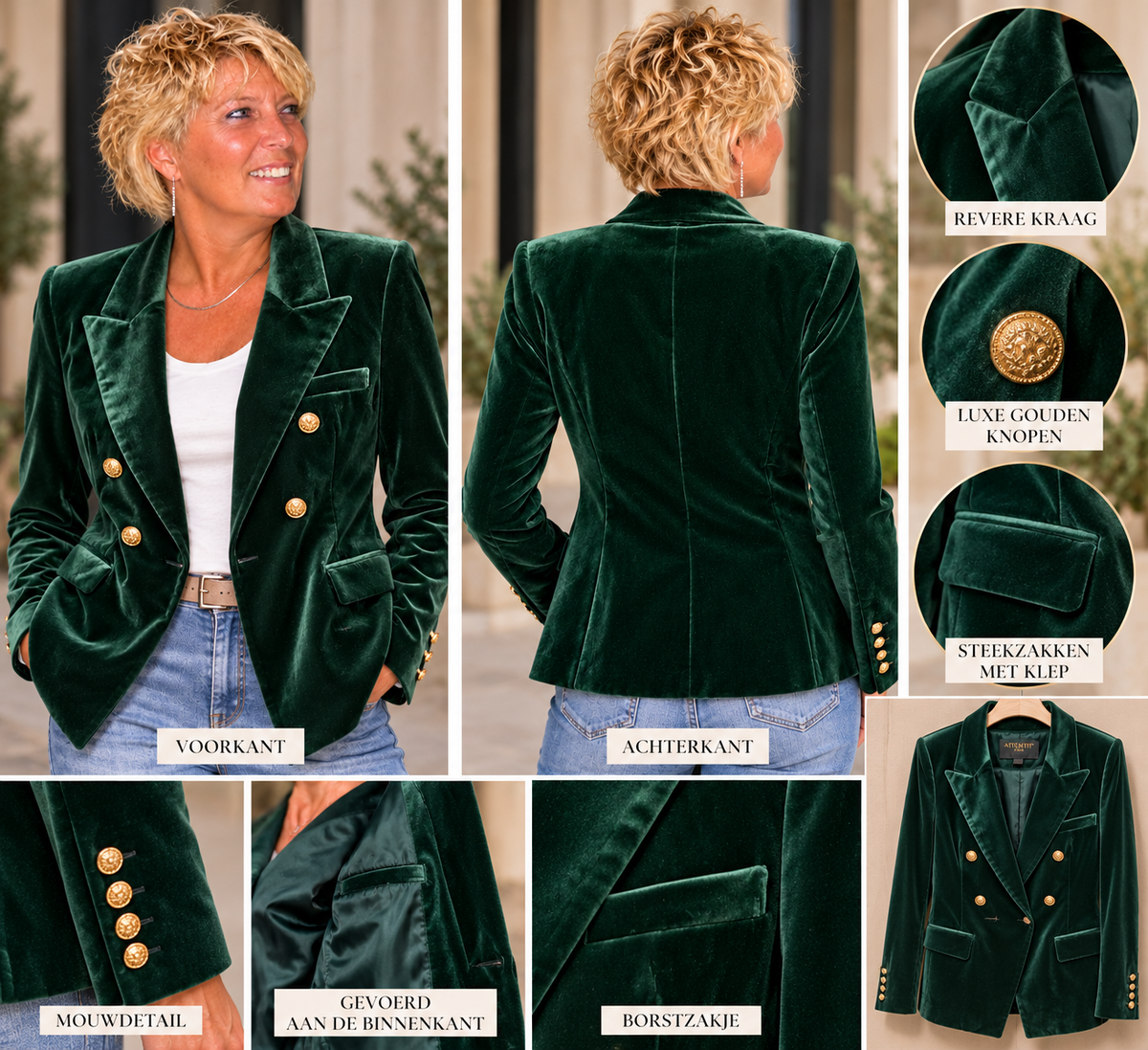 Donkergroene fluwelen blazer voorkant achterkant en details