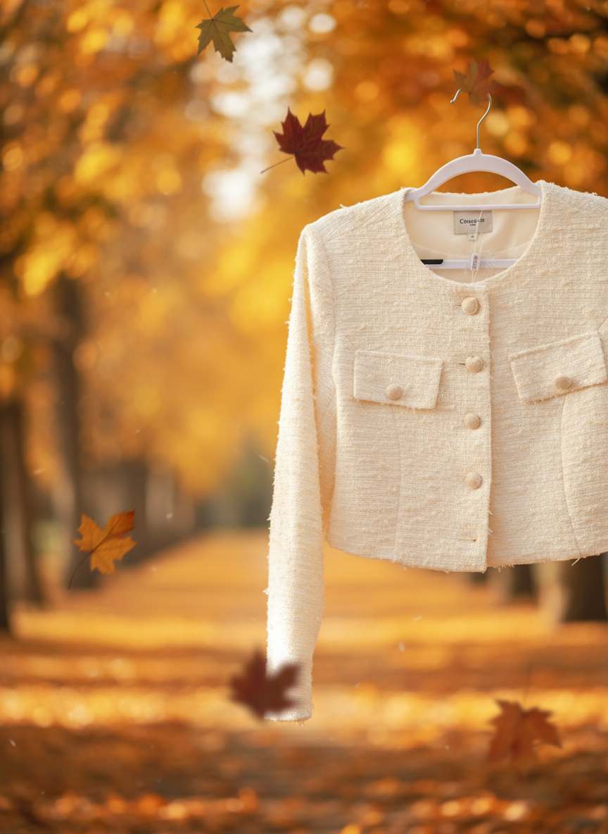 Crème Tweed Jasje met Franje Details