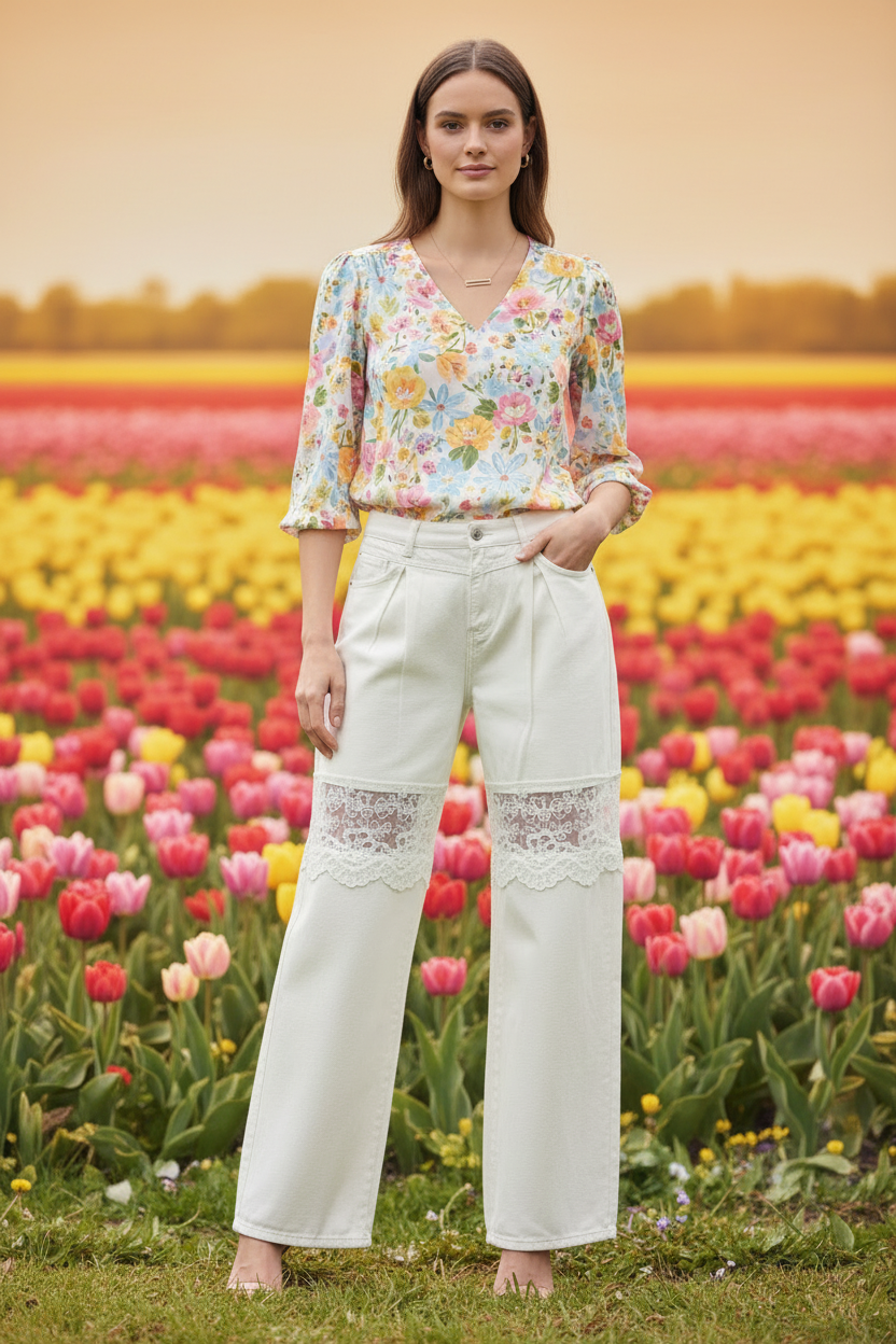 Crème Denim Wide-Leg Broek met Kant Inzet
