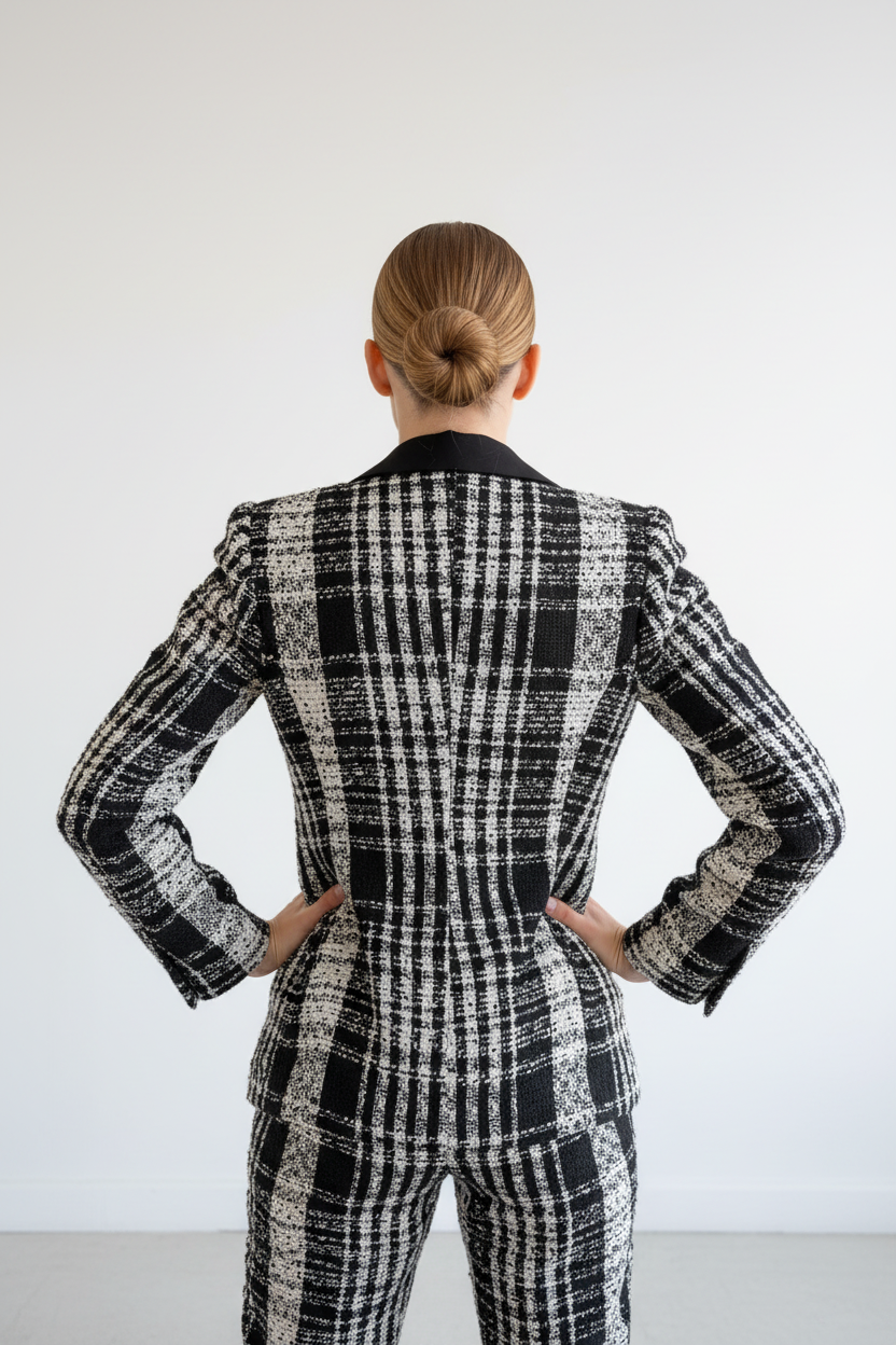 Zwart-witte tweed blazer achterkant volledig