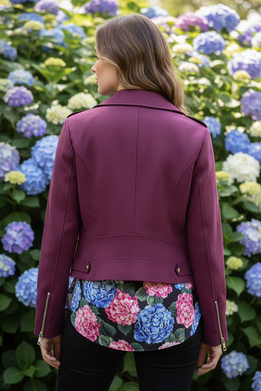 Model achterkant met bordeauxrode bikerjack details en bloemige blouse, hortensia achtergrond