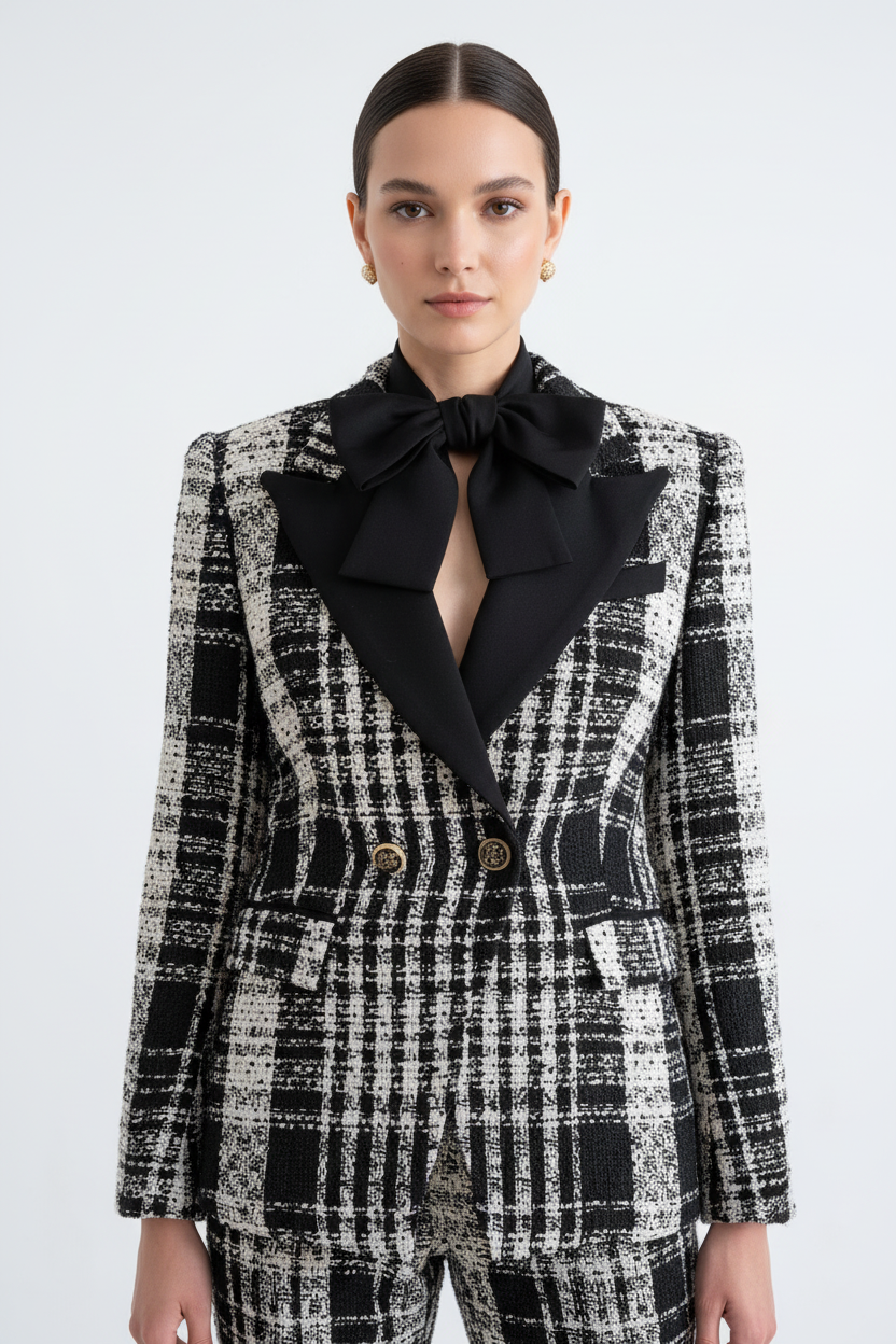 Zwart-witte tweed blazer voorkant close-up