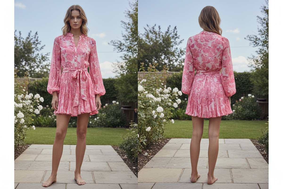 Roze Bloemen Chiffon Mini Jurk