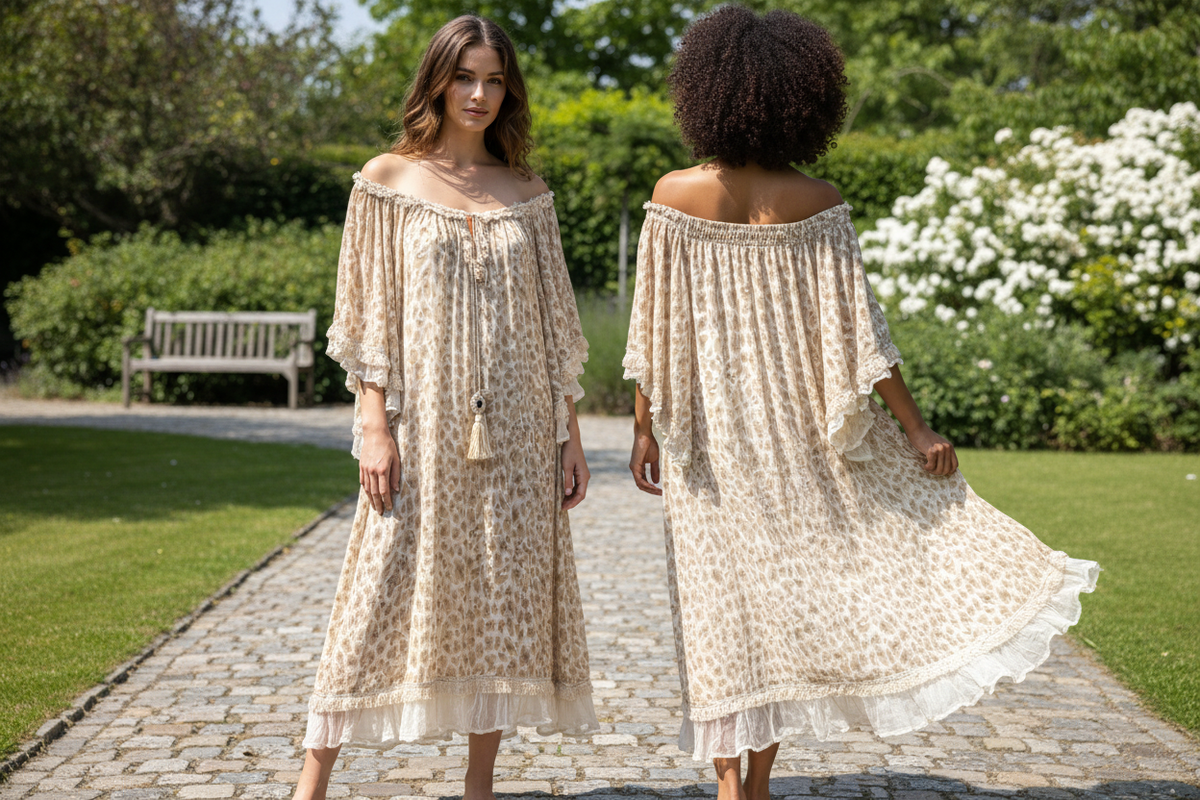 Creme Boho Chiffon Maxi Jurk met Print