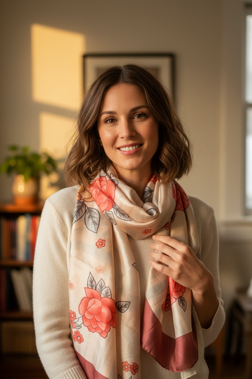 Casual modelafbeelding met zijden sjaal