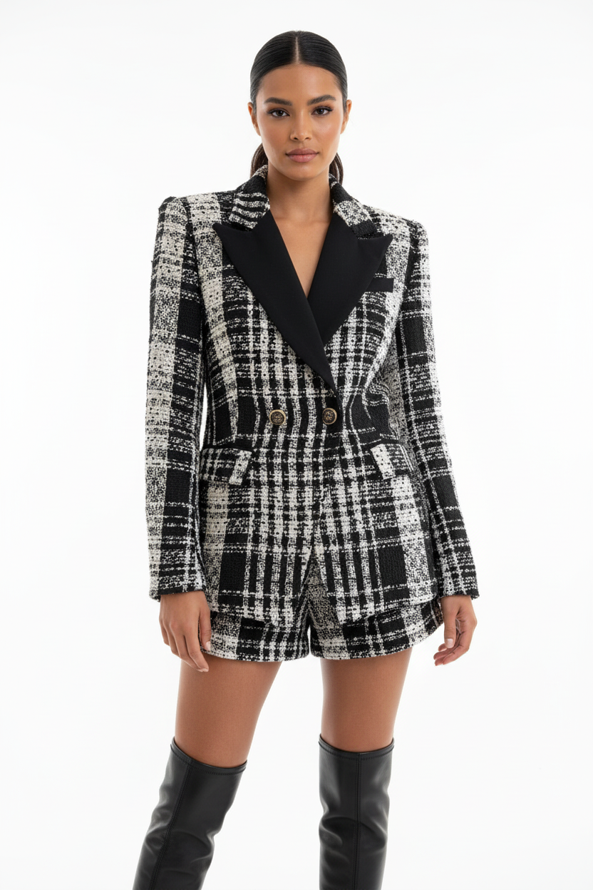 Zwart-witte tweed blazer voorkant volledig