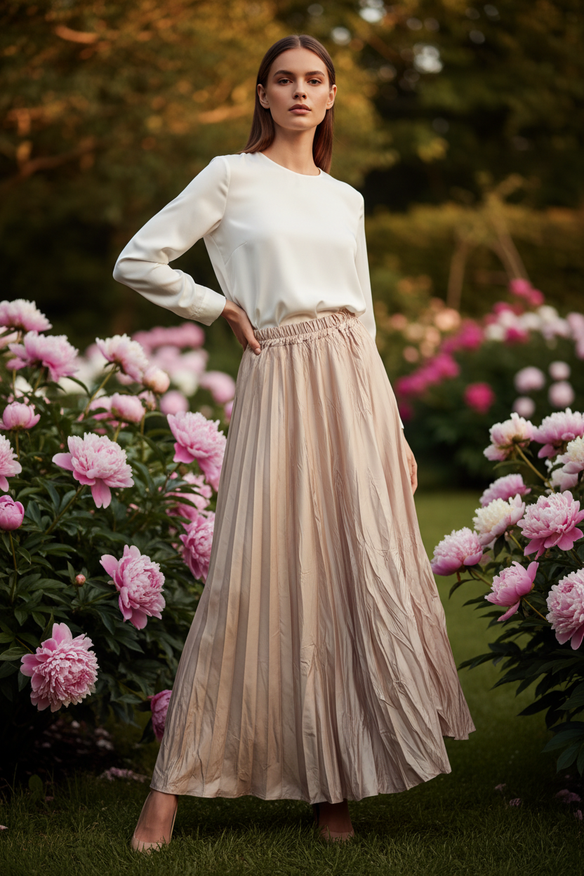 Beige Craquelé Maxi Rok - Glanzende Lente Rok