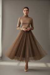 Taupe Tule Rok - Elegante Midi Rok