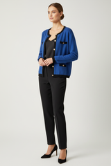 Blauwe Bouclé Cardigan met Gouden Knopen