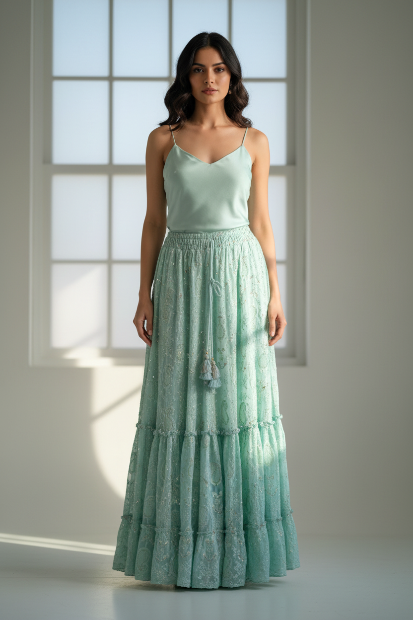 Mint Paisley Maxi Rok met Pailletten
