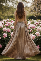 Beige Craquelé Maxi Rok - Glanzende Lente Rok