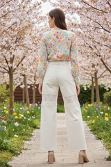 Crème Denim Wide-Leg Broek met Kant Inzet