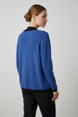 Blauwe Bouclé Cardigan met Gouden Knopen
