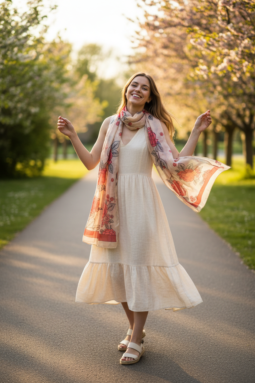 Speelse modelafbeelding met zijden sjaal in crème en roze tinten