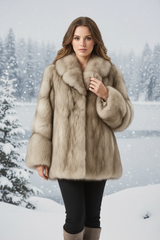 Luxe Licht Beige Gemeleerde Bontjas - Voorkant