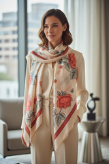 Elegante model draagt zijden sjaal met bloemenprint in crème en roze