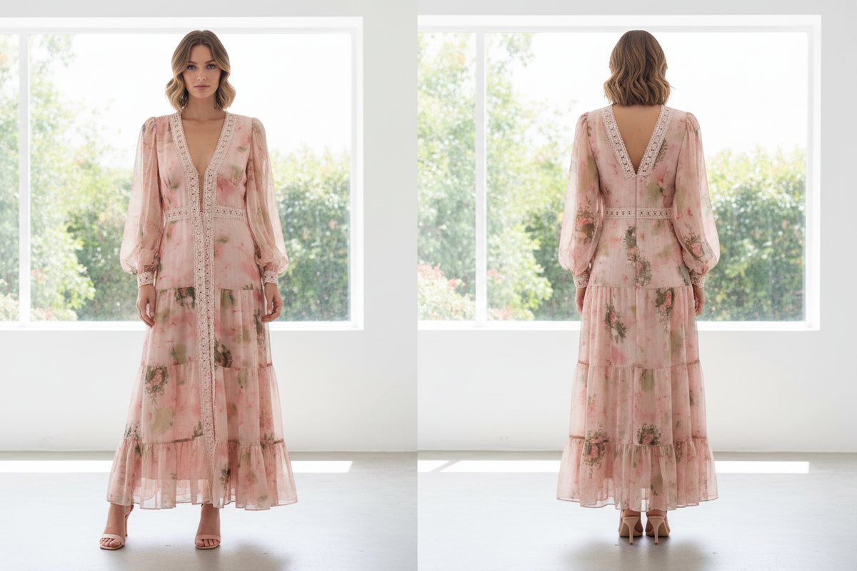 Roze Bloemen Maxi Jurk met Kant