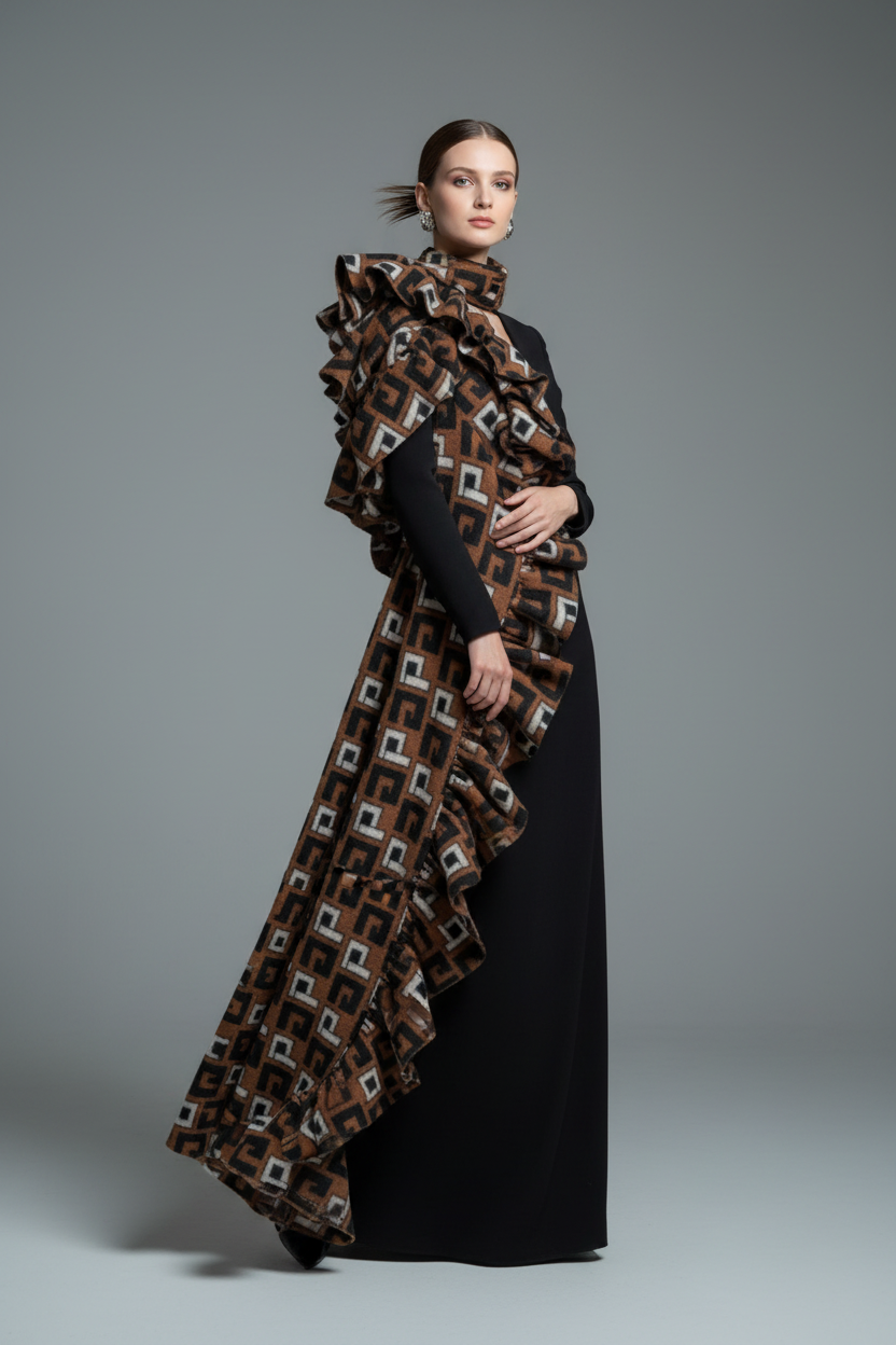 Model met geometrische sjaal gestyled met ruches