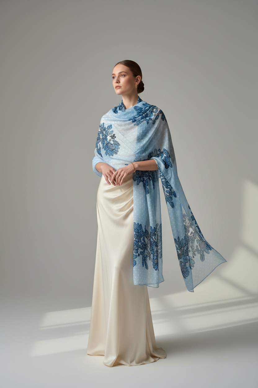 Model met lichtblauwe sjaal met slangenpatroon