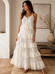 Witte Gelaagde Kanten Maxi-rok