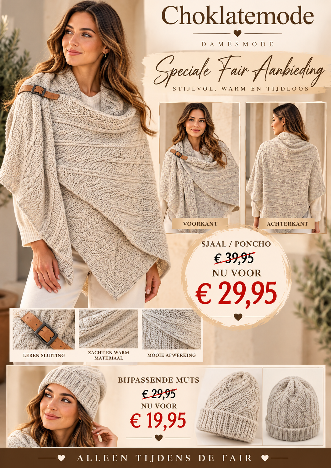Gebreide omslagdoek licht beige met leren sluiting