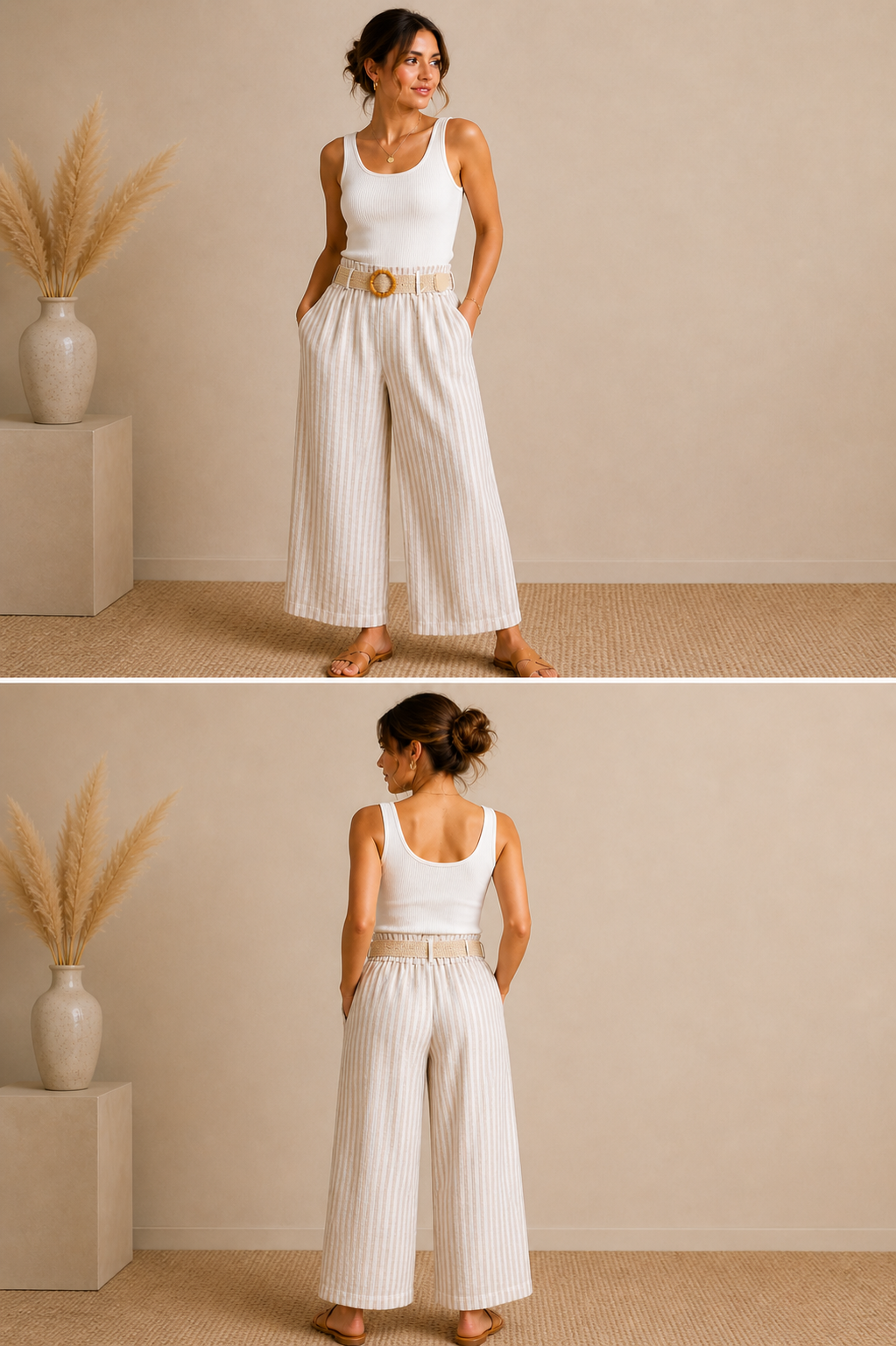 Wide Leg Linen Broek met Bamboe Riem