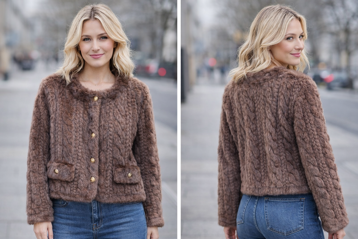 Bruine Kabelgebreide Cardigan met Gouden Knopen