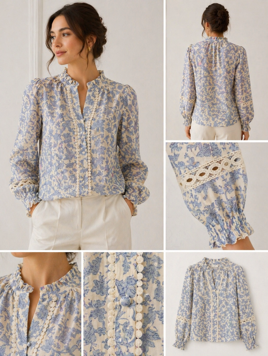 Blauwe Bloemen Kant Blouse