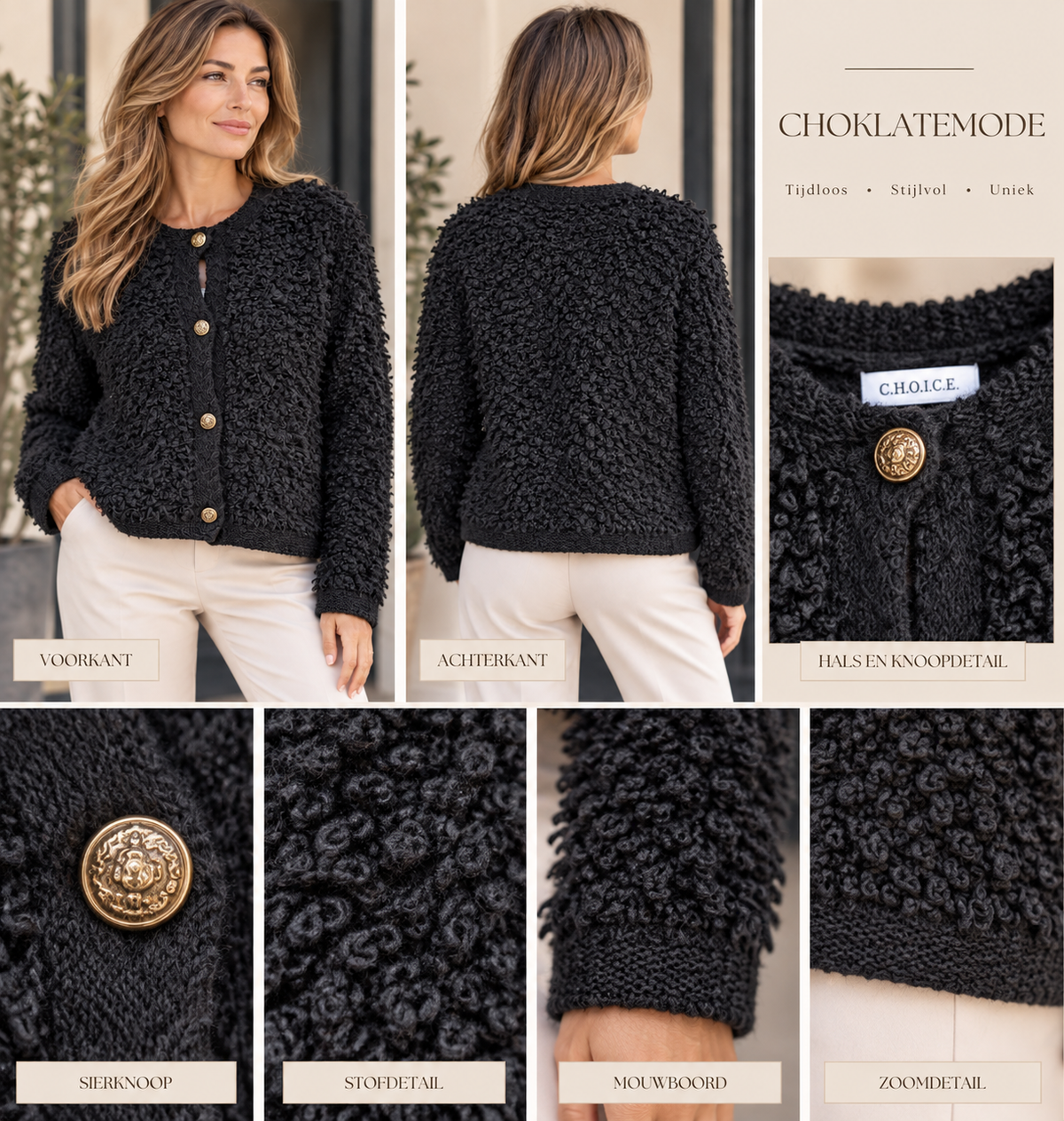 Zwarte Dames Bouclé Vest met Gouden Knopen