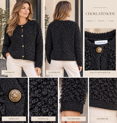 Zwarte Dames Bouclé Vest met Gouden Knopen
