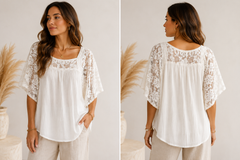 Witte Kanten Blouse met Vlindermouwen