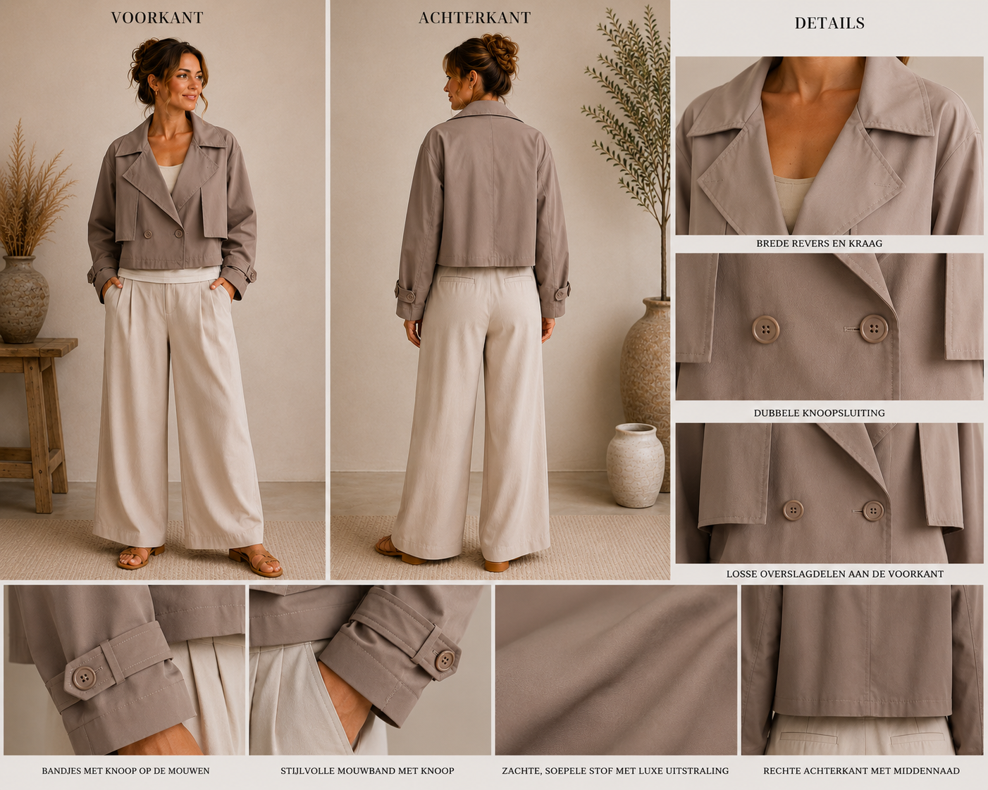 Kort Trenchjack beige bruin camel detail