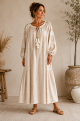 Boho Maxi Jurk met Borduursel – Crème/Beige