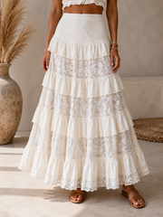 Witte Gelaagde Kanten Maxi-rok