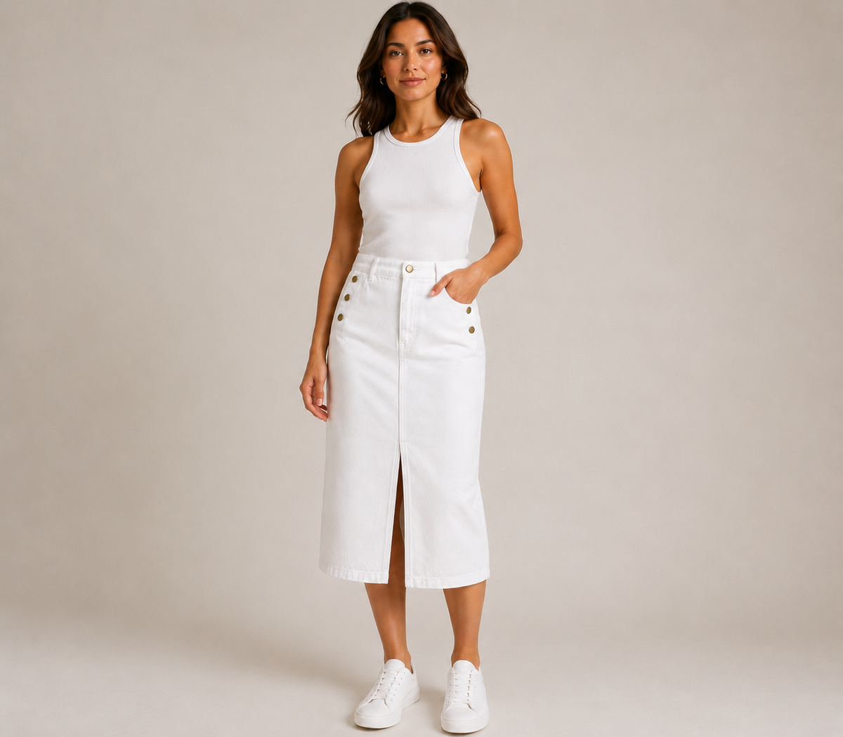 Witte Denim Midi-rok met Gouden Knopen