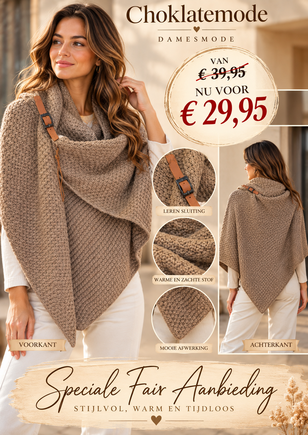 Gebreide omslagdoek taupe met leren sluiting