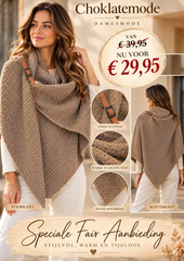 Gebreide omslagdoek taupe met leren sluiting