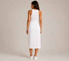 Witte Denim Midi-rok met Gouden Knopen