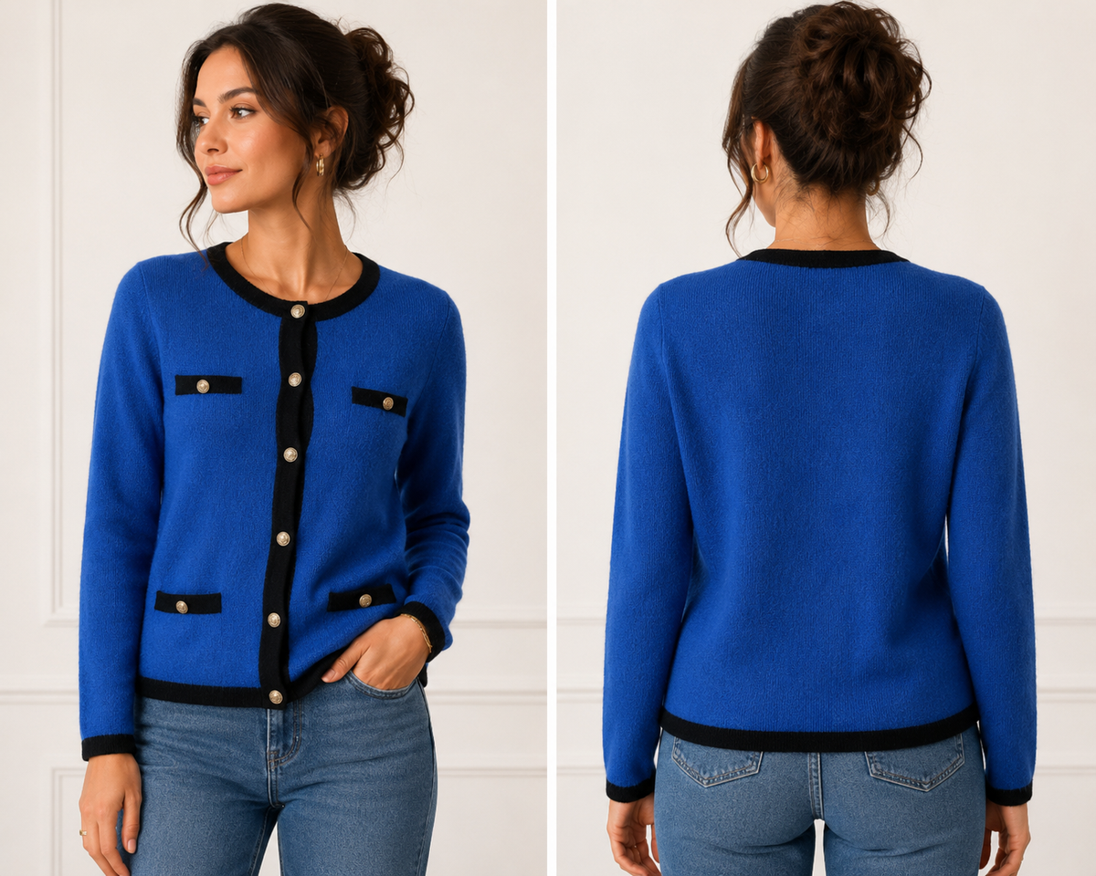 Blauwe Bouclé Cardigan met Gouden Knopen