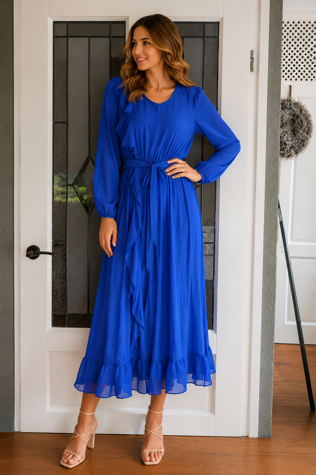 Chiffon Maxi Jurk met Ruches & Strikceintuur